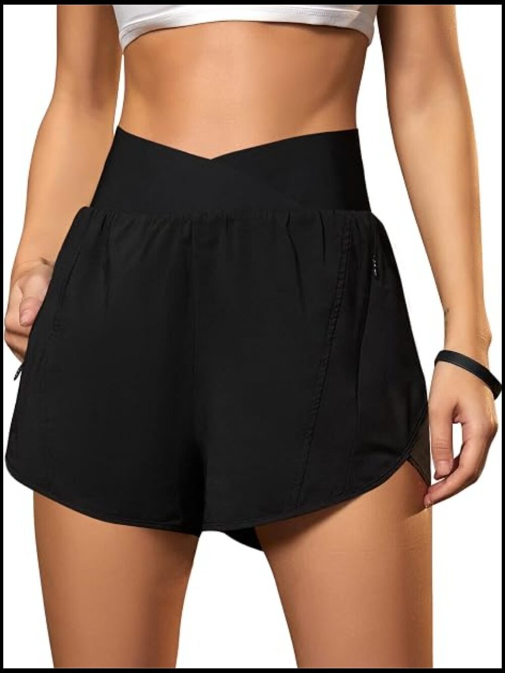 High-Waisted Athletic Running Shorts Crossover Gym Workout with Pockets